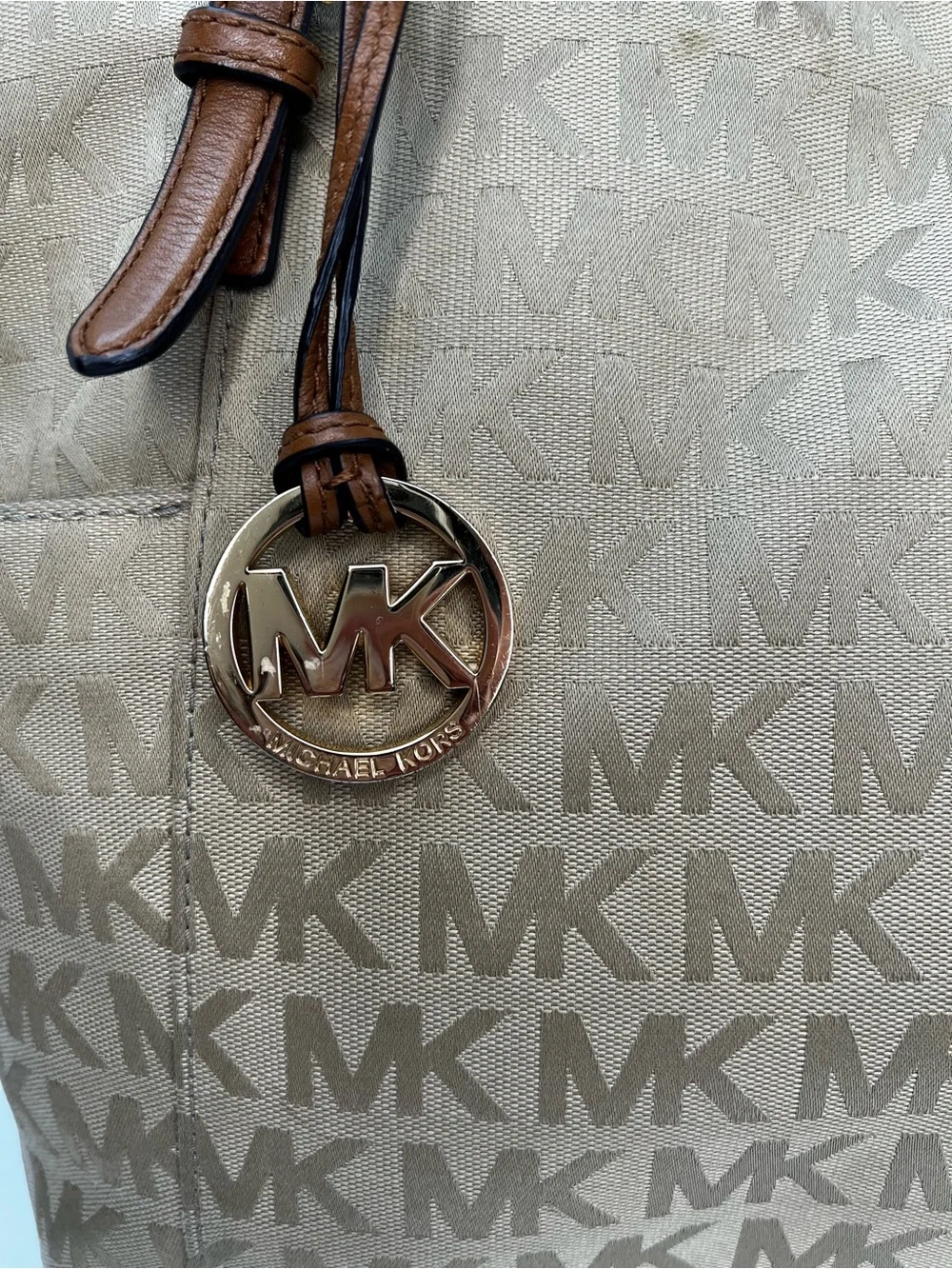 Michael Kors Tan Signature MK Monogram Tote with Brown Leather Straps
